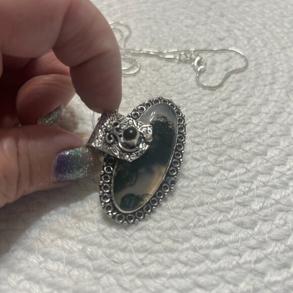 Gorgeous MOSS AGATE & BLACK ONYX Handmade Sterling 925 Pendant/Chain #214D - Picture 3 of 3